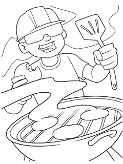 Person wearing hard hat and sunglasses eating burger while standing next to grill and grilling burger patties