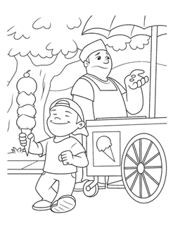 Ice cream vendor standing at ice cream stand and child holding ice cream cone