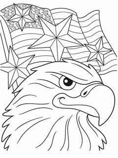 Eagle head with stars and United States flag flying in the background