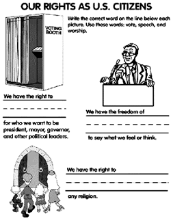 Fill-in-the-blank worksheet with freedoms including voting booth, political speaker, and family attending church images