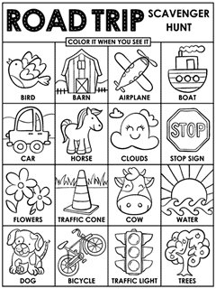 Road trip scavenger hunt to color when you spot bird, barn, airplane, boat, car, horse, clouds, stop sign, flowers, traffic cone, cow, water, dog, bike, traffic light, and trees