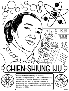 Chinese American Woman in Science Chien-Shiung Wu with atomic particles and scientific equipment