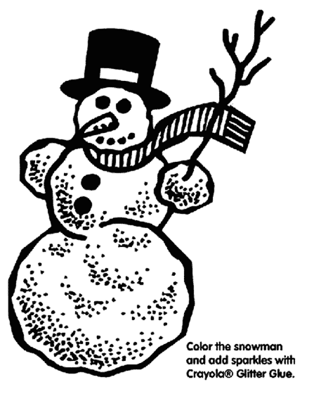 Snowman with top hat, scarf, and carrot nose holding a stick with coloring instructions at the bottom