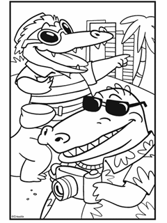 Alligators wearing tourist outfits and sunglasses walking at the beach