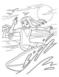 Girl surfing on wave with palm tree, water, and sun