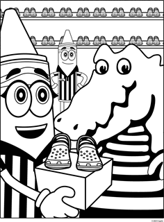 Smiling crayon character and crocodile in a footlocker holding a box with Crocs shoes on top