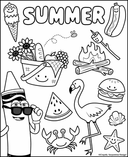 black and white summer coloring page with flamingo, crab, watermelon, ice cream, hot dog, hamburger, starfish, and smiling crayon character 