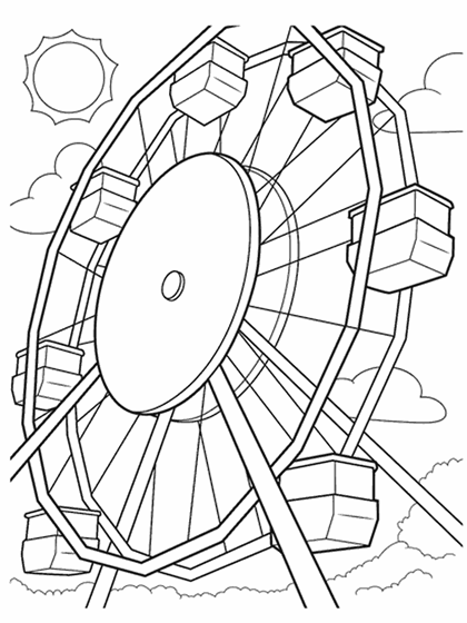 Ferris wheel with smaller clouds, bushes, and sun