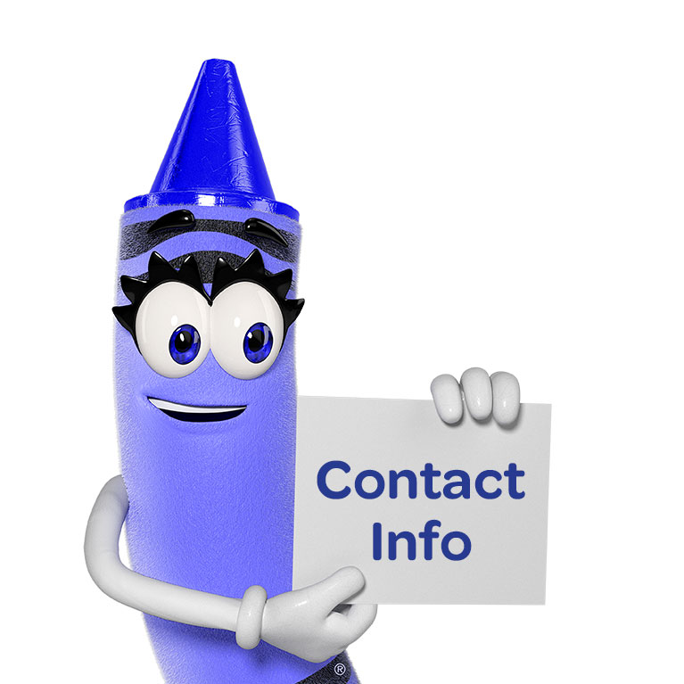 Blue Crayola Crayon character with Contact Us sign