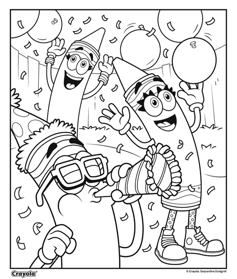 Crayola Crayon characters partying with confetti, party hats, balloons and noisemakers