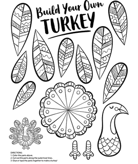 Disarranged turkey feathers, body, heat, and feet coloring pieces with assembly directions at the bottom