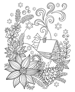 Cabin at the bottom of snowy hill with abstract poinsettia flowers and nature