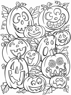Jack O' lanterns with silly faces in a pumpkin patch