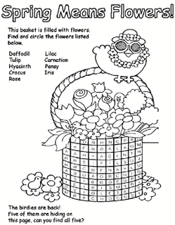 Word search on spring basket with flowers and baby chicks, and find the birds activity