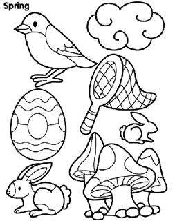 Spring in the top left corner and bird, cloud, net, egg, rabbits, and mushroom images