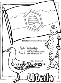 Utah coloring page. State fish: Bonneville cutthroat trout. Statehood date: January 4, 1896. State Capital: Salt Lake City. State Flower: Sego Lily. State Bird: Seagull. 
