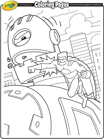 super hero battling a giant robot coloring page  crayola