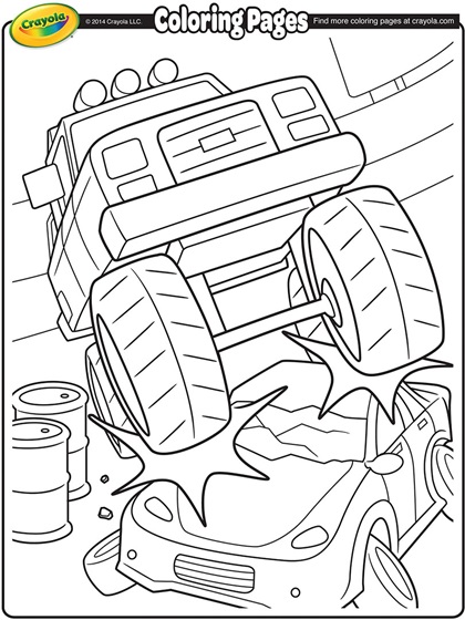 Monster Truck Crushing a Car Coloring Page crayolacom
