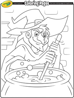 Witch wearing pointy hat stirring cauldron with potion brewing