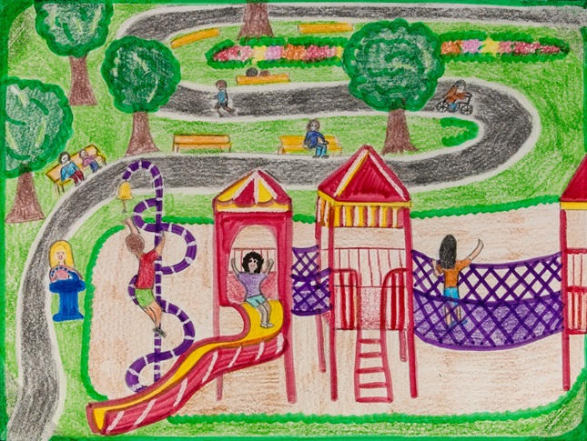 A child has used drawing chaulk to creat art on a playground Stock