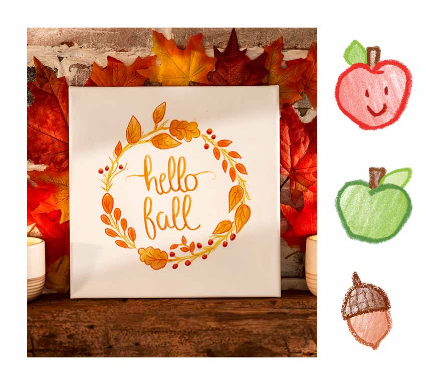 Canvas art with hello fall message and leaf drawings 