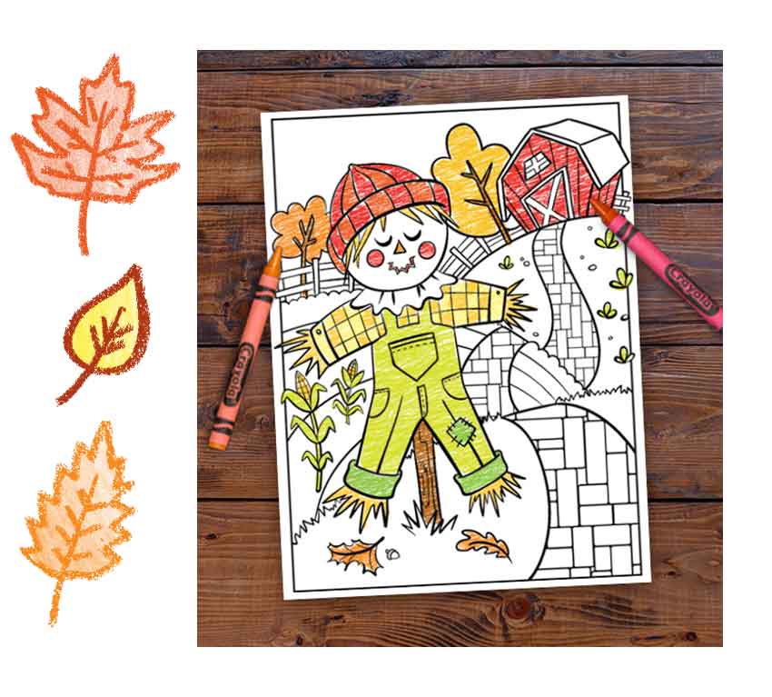 Partially colored-in scarecrow coloring page 