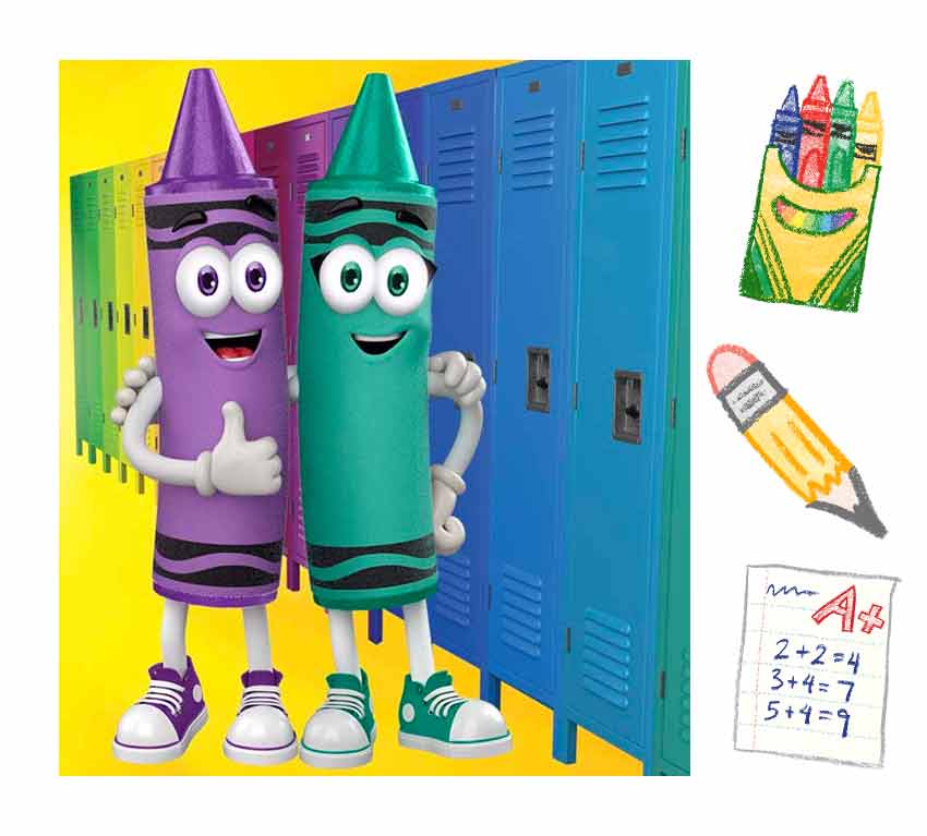 Two Crayola Crayon characters with arms around each other by lockers