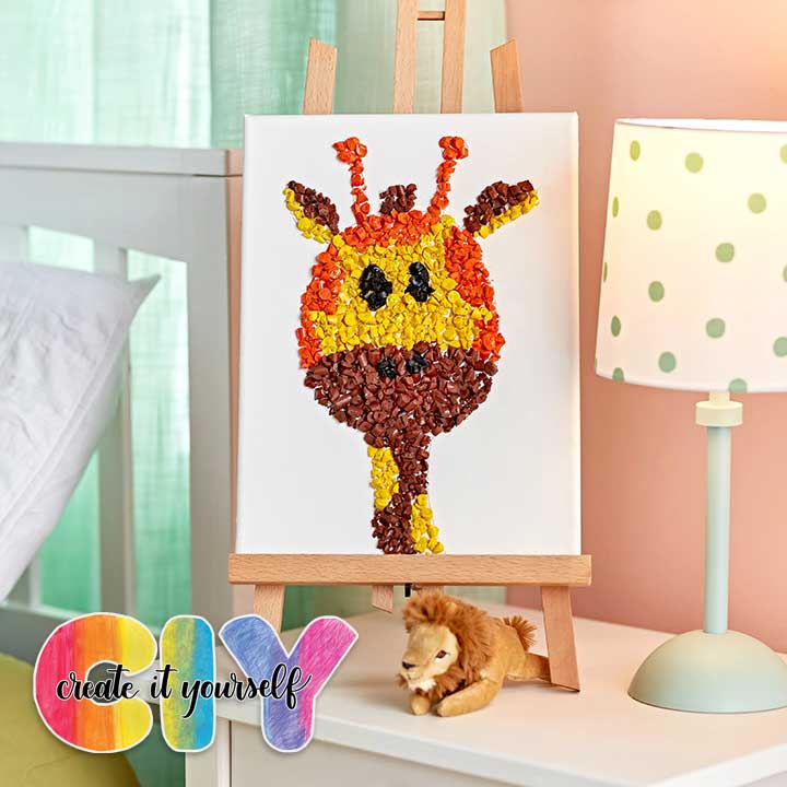 Crayola CIY craft Giraffe Crayon Mosaic canvas displayed on night stand