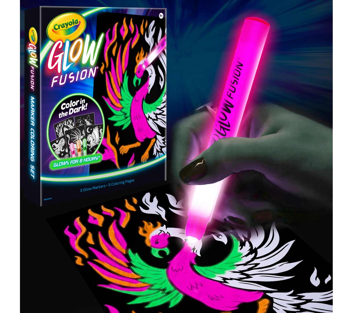 Glow Fusion - Mythical Creatures. hand using Glow fusion marker to color phoenix coloring page with packaging in the background.