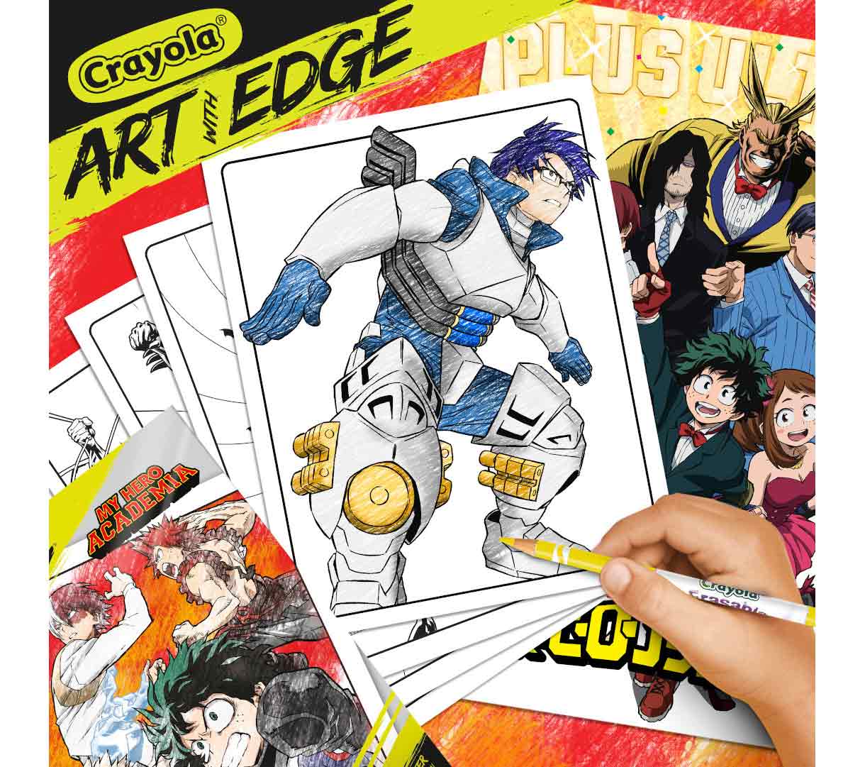Art with Edge My Hero Academia Coloring Book.  Tenya Iida coloring page being colored in with assorted other pages in the background.