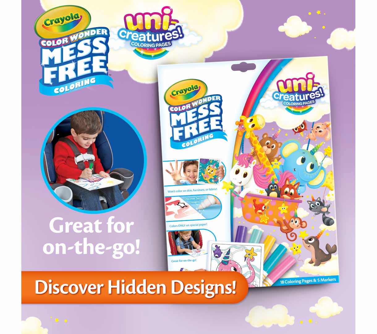 Color Wonder Mess Free Uni-Creatures coloring pages & markers. discover hidden designs!