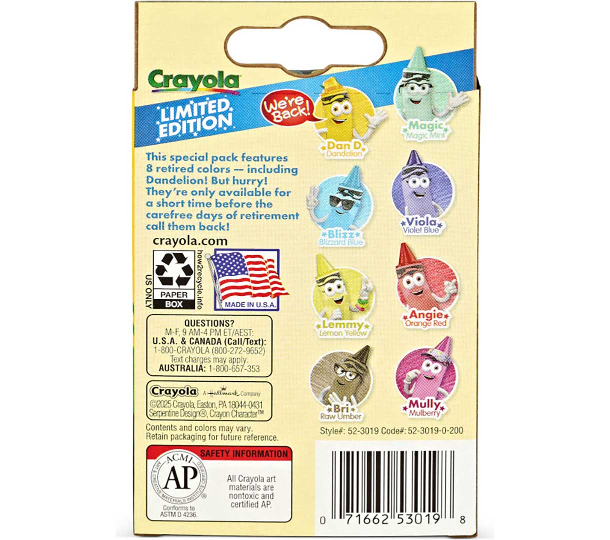 Limited Edition Retired Crayons, 8 count back view.