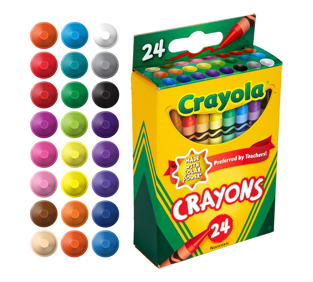 Classic Crayons  24 count left side view with color swatches.