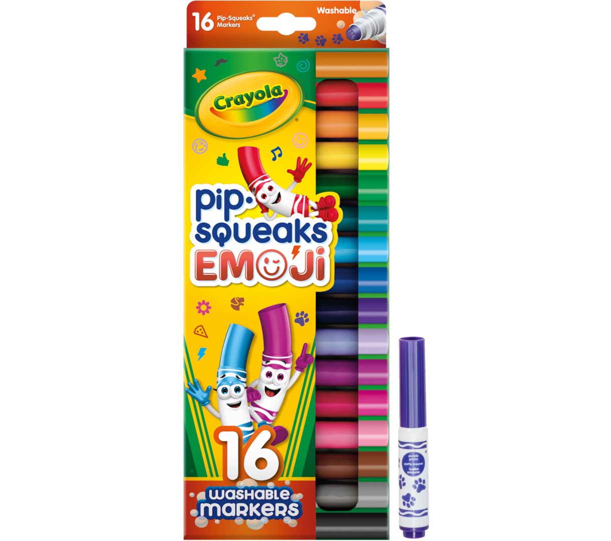 Pip-Squeaks Washable Emoji Stampers  16 count. One marker standing beside packaging.