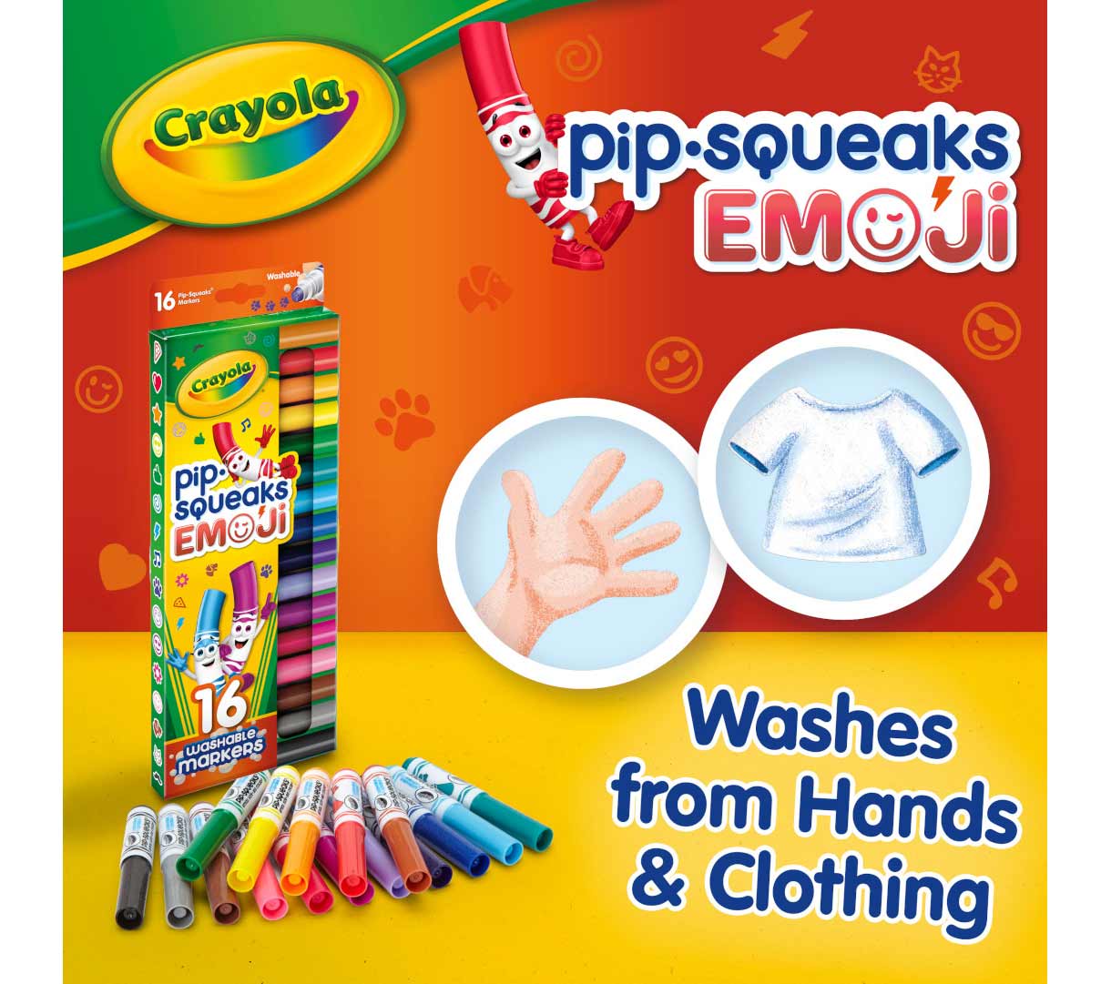 Pip-Squeaks Washable Emoji Stampers  16 count. Washes from hands and clothing.