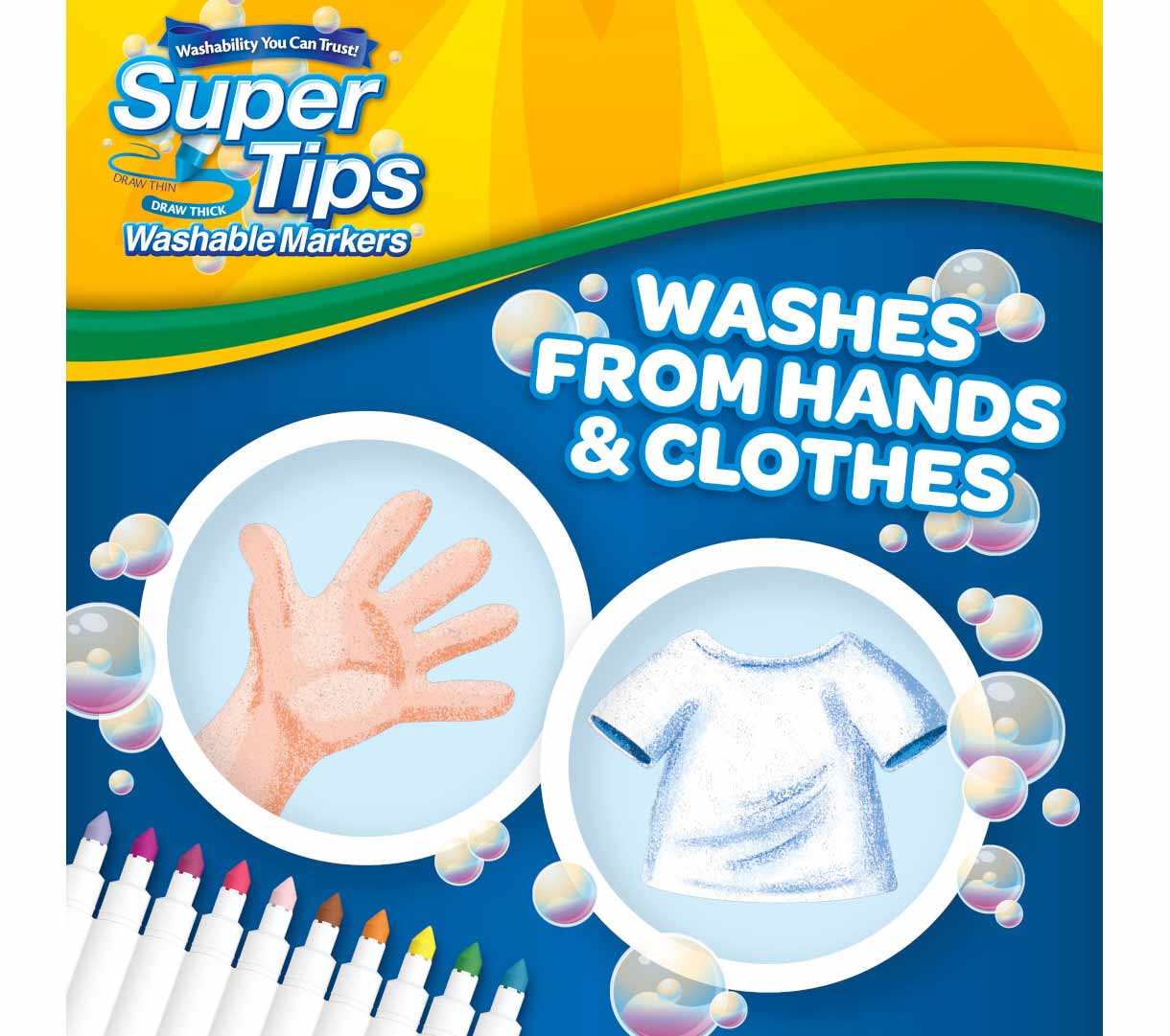 100 count super ttips washable markers with 20 count silly scents smash ups markers. Washes from skin and clothes.