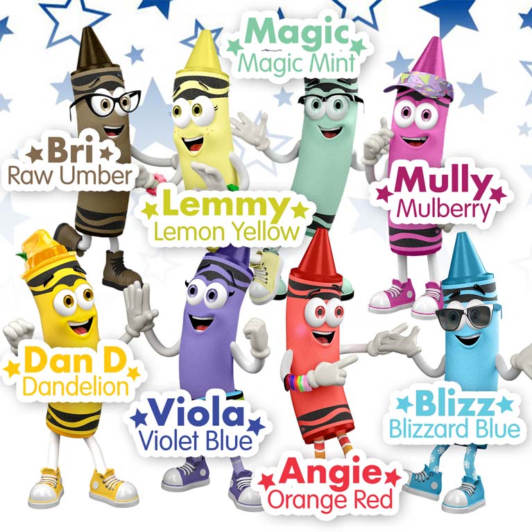 Bri, Raw Umber; Lemmy, Lemon Yellow; Magic, Magic Mint; Mully, Mulberry; Dan D, Dandelion; Viola, Violet Blue; Angie, Orange Red; Blizz, Blizzard Blue crayon characters