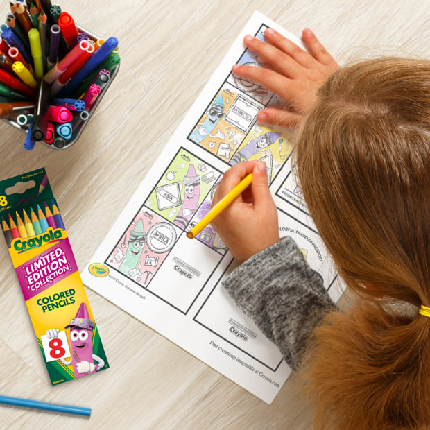 young girl coloring a limited edition activity sheet that features the crayon characters