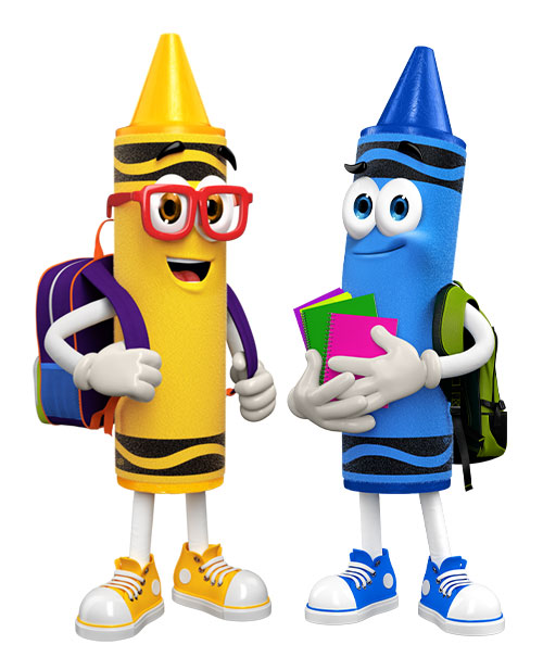 Blue and yellow Crayon Characters talking and wearing backpacks
